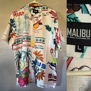 MALIBU NWT Linen Look Retro MIAMI Postcard Print Resort SHIRT Size Large